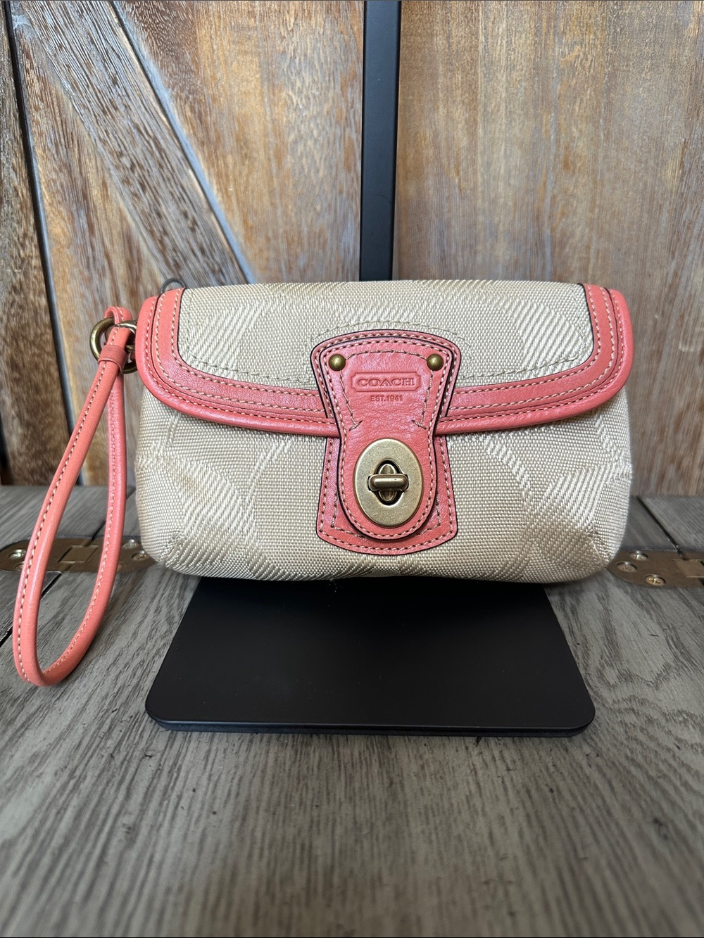 Coach Y2K Legacy Turnlock Signature Canvas Wristlet with Coral Leather Trum